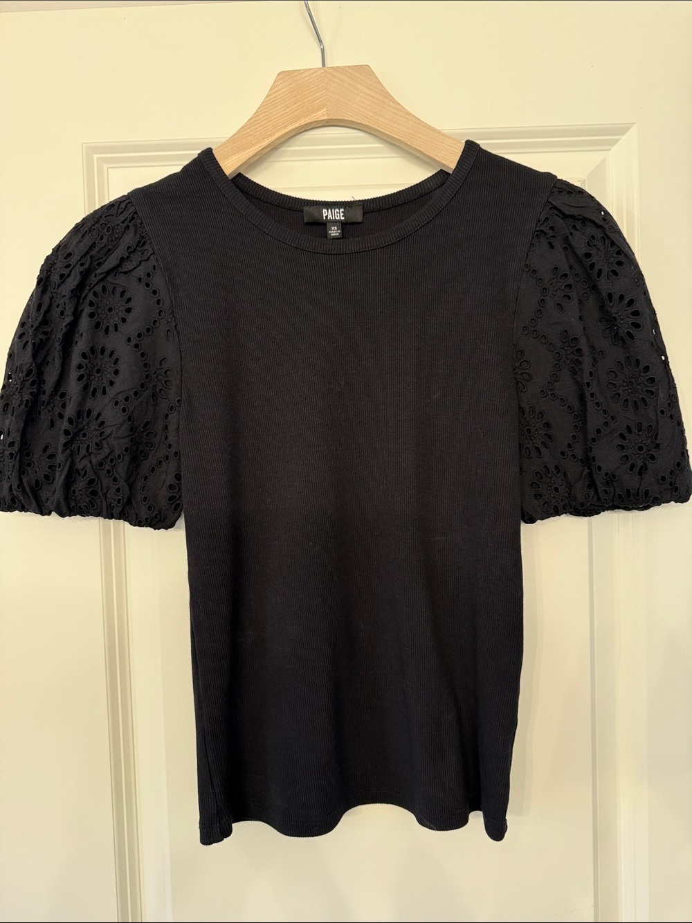 PAIGE Black Eyelet Puff Sleeve Knit Tee
